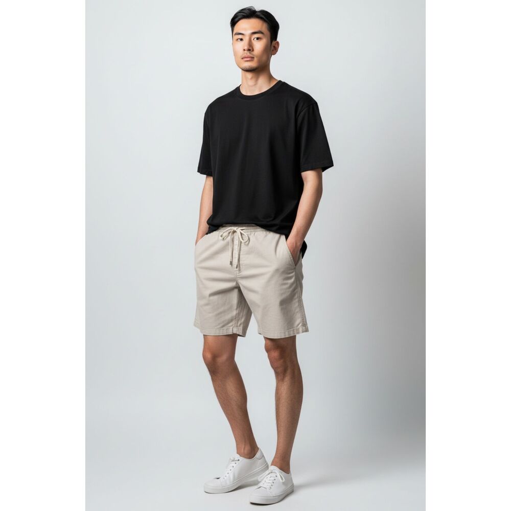 Lands' End Men's M 32-34 Khaki Elastic Waist Drawstring Chino Shorts Comfort